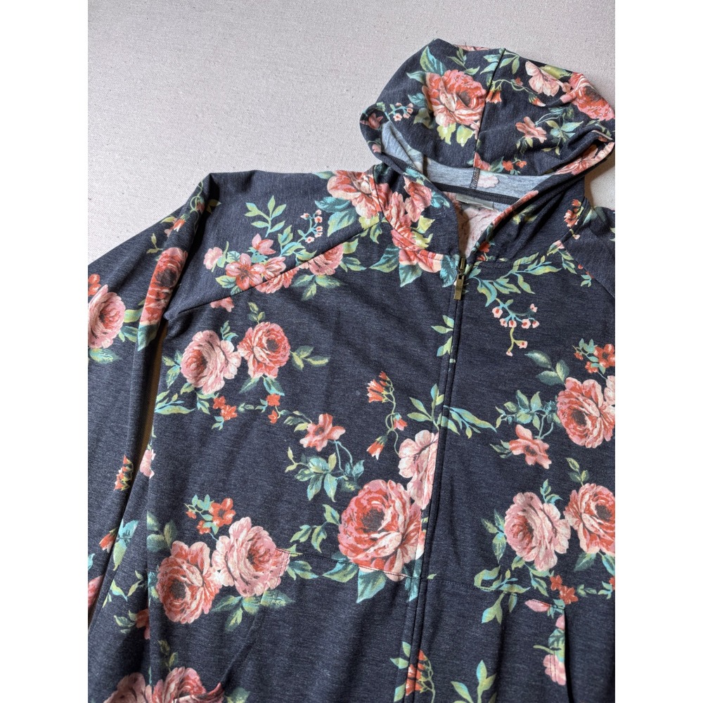 Avenue Women's Floral Zip Up Hoodie Gray Pink Rose Jacket Plus Size 14/16